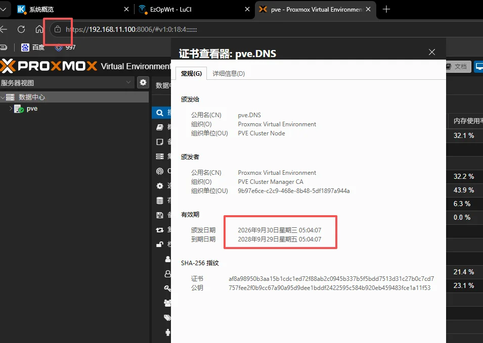 PVE 节点证书查看器:已正确包含 192.168.11.100 IP SAN,有效期至 2034 年