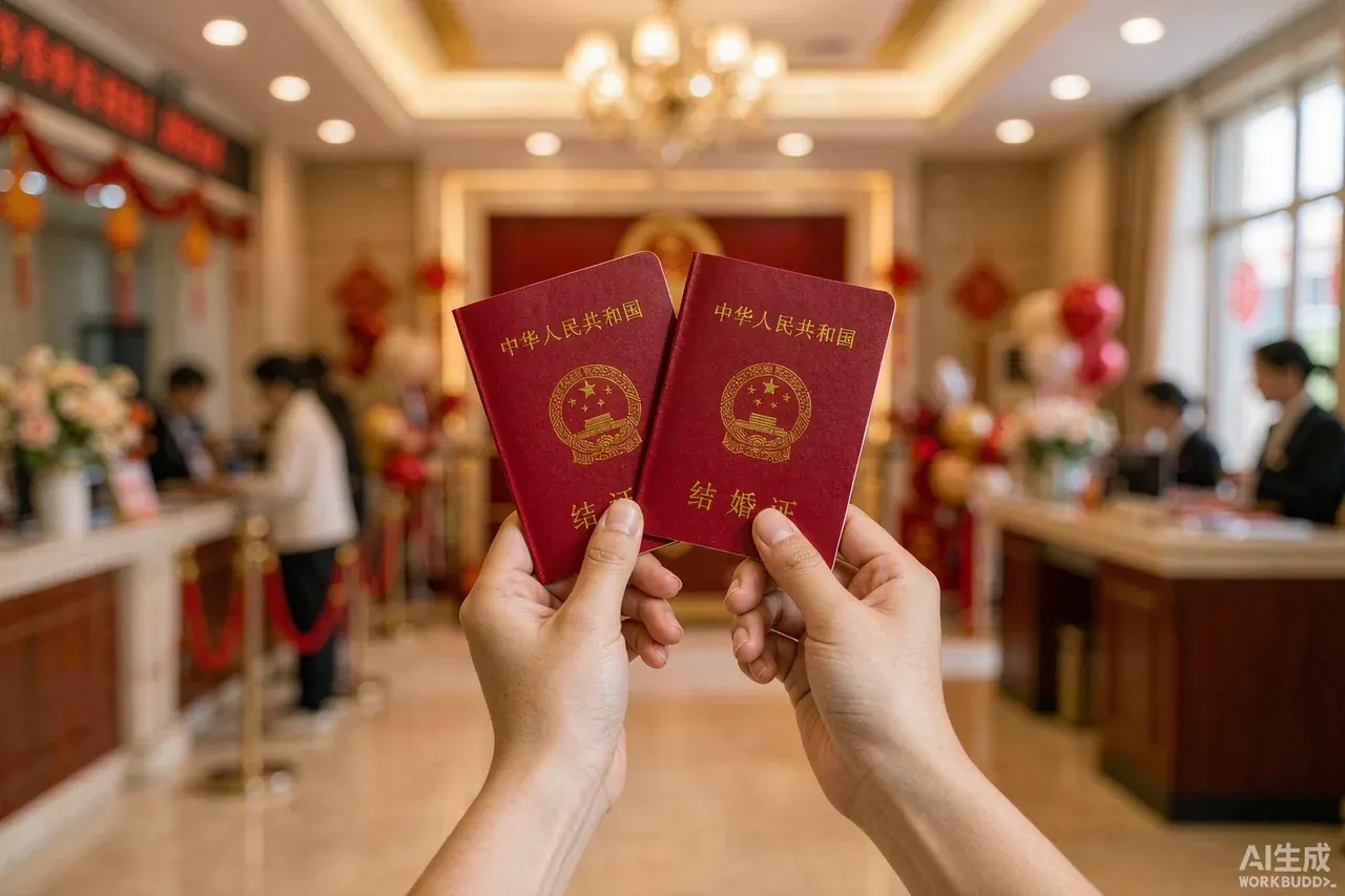 在婚姻登记处刚领到的两本红色结婚证
