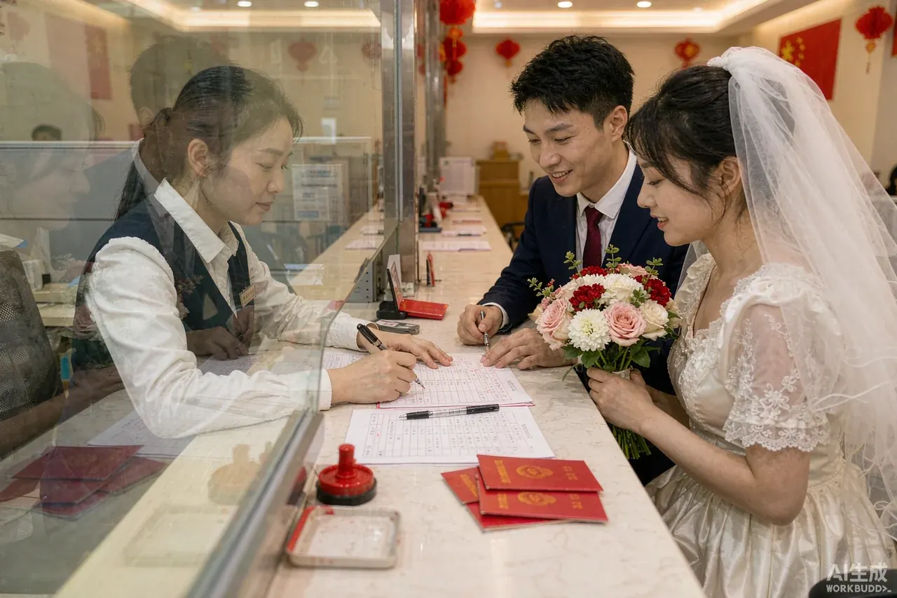 婚姻登记处办事窗口,工作人员正在为新人办理结婚登记