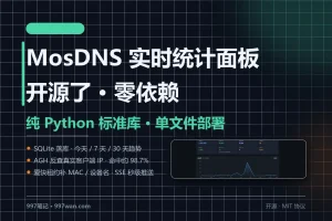 给 MosDNS 做了个实时统计面板：纯 Python 标准库、零依赖，能按设备看谁在查什么