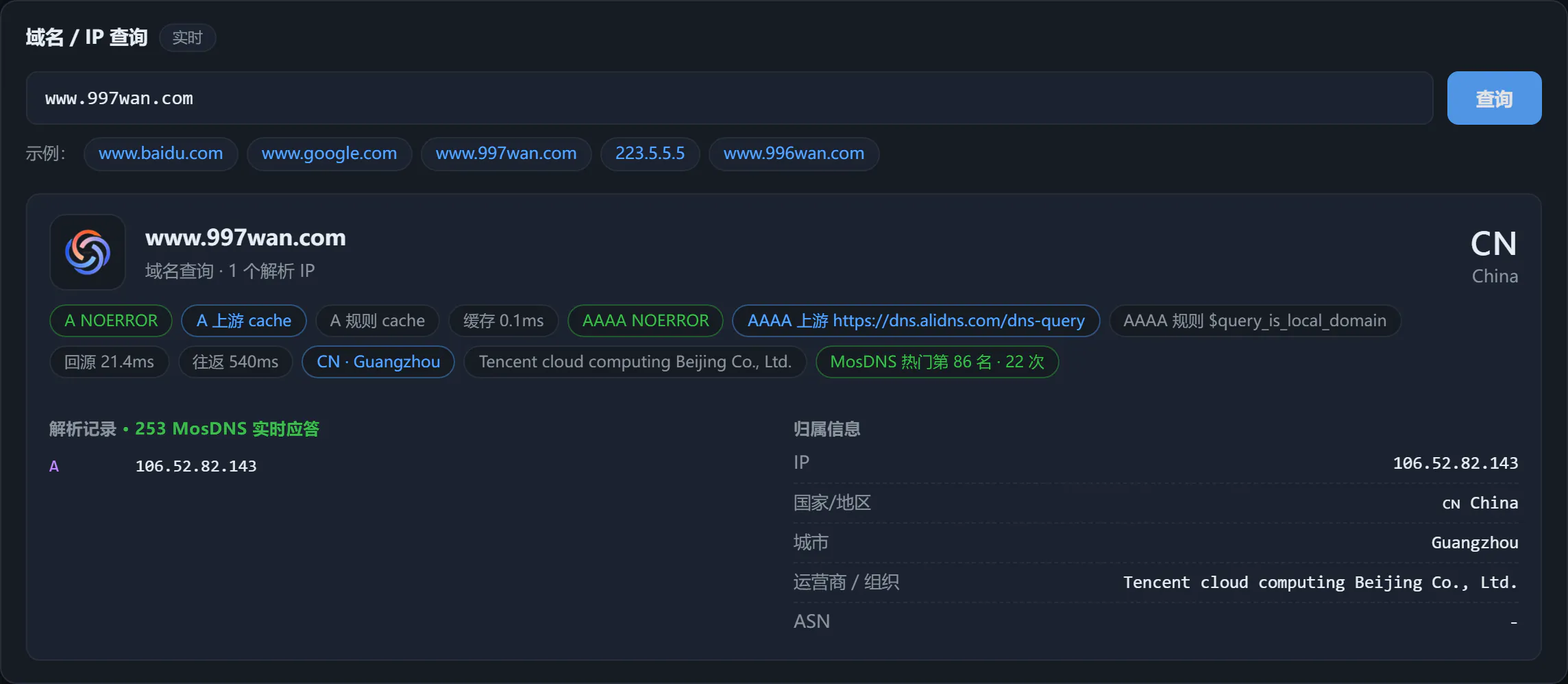 MosDNS 统计面板 · 域名 IP 溯源查询